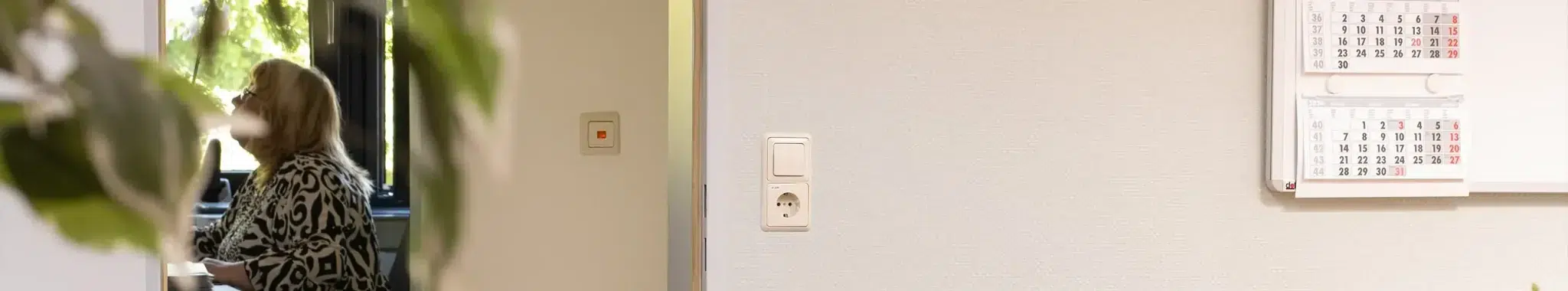 Frau in hellem Büro, teilweise verdeckt von einer Pflanze, mit Kalender an der Wand.